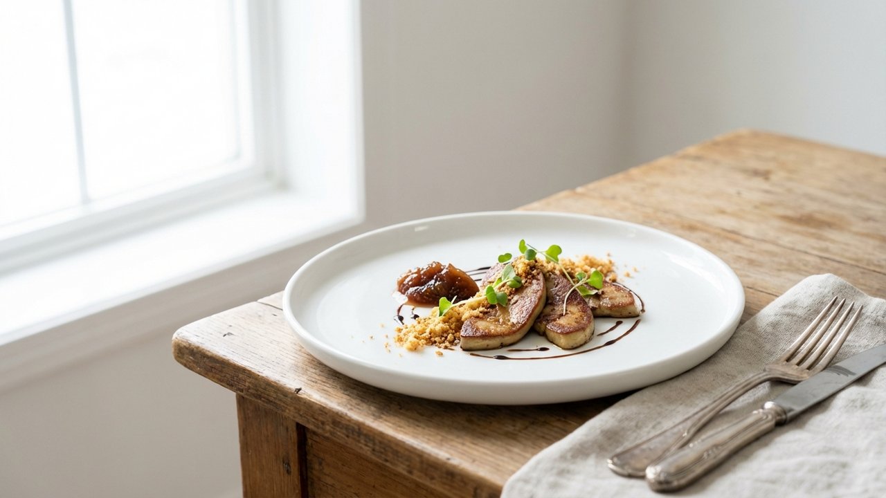 Présentation élégante de foie gras tranché sur assiette