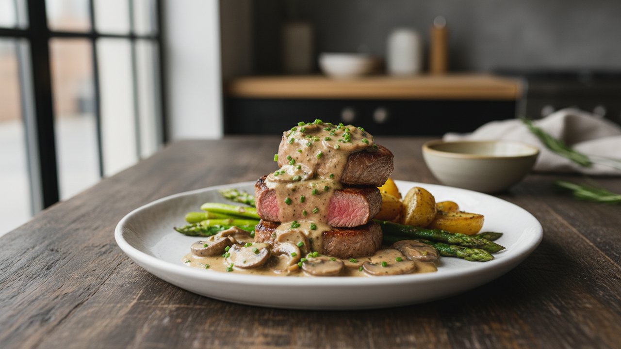 Grenadin de veau fondant dans une sauce crémeuse aux champignons