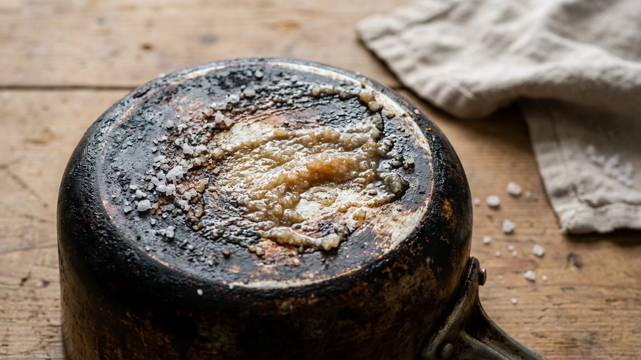 Pâte de gros sel et vinaigre blanc appliquée sur le fond brûlé d'une casserole