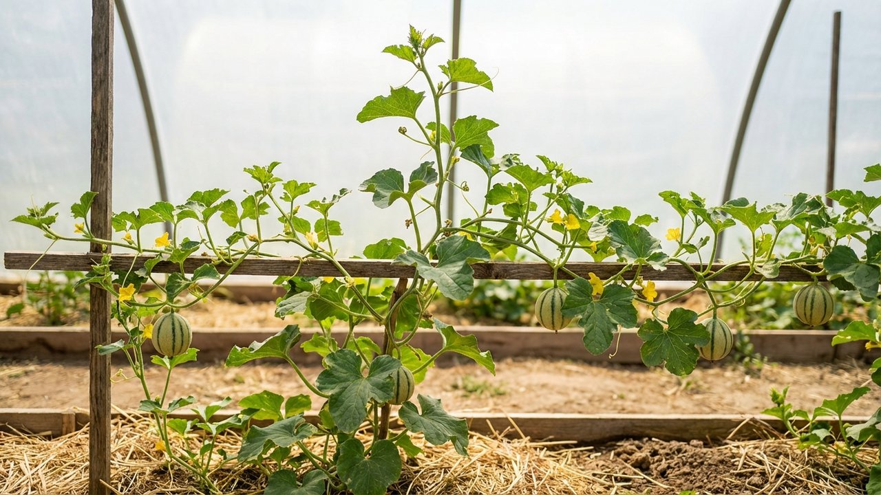 Plant de melon charentais après la première taille du plant principal