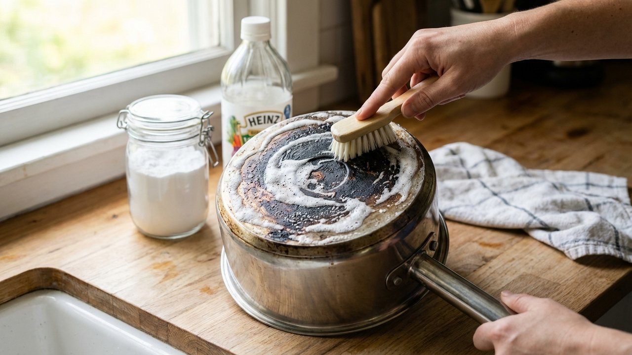 Nettoyage du fond d'une casserole brûlée avec bicarbonate et vinaigre blanc