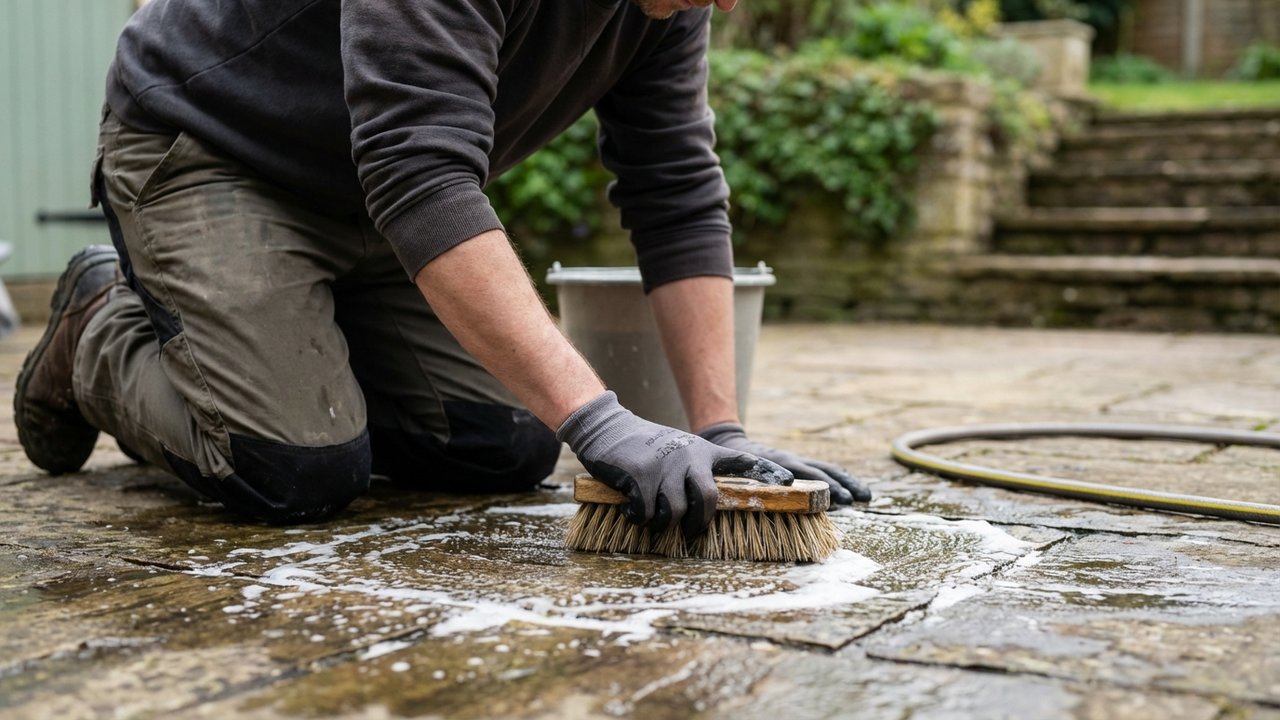 Nettoyage de pavés avec une brosse rigide et de l'eau savonneuse