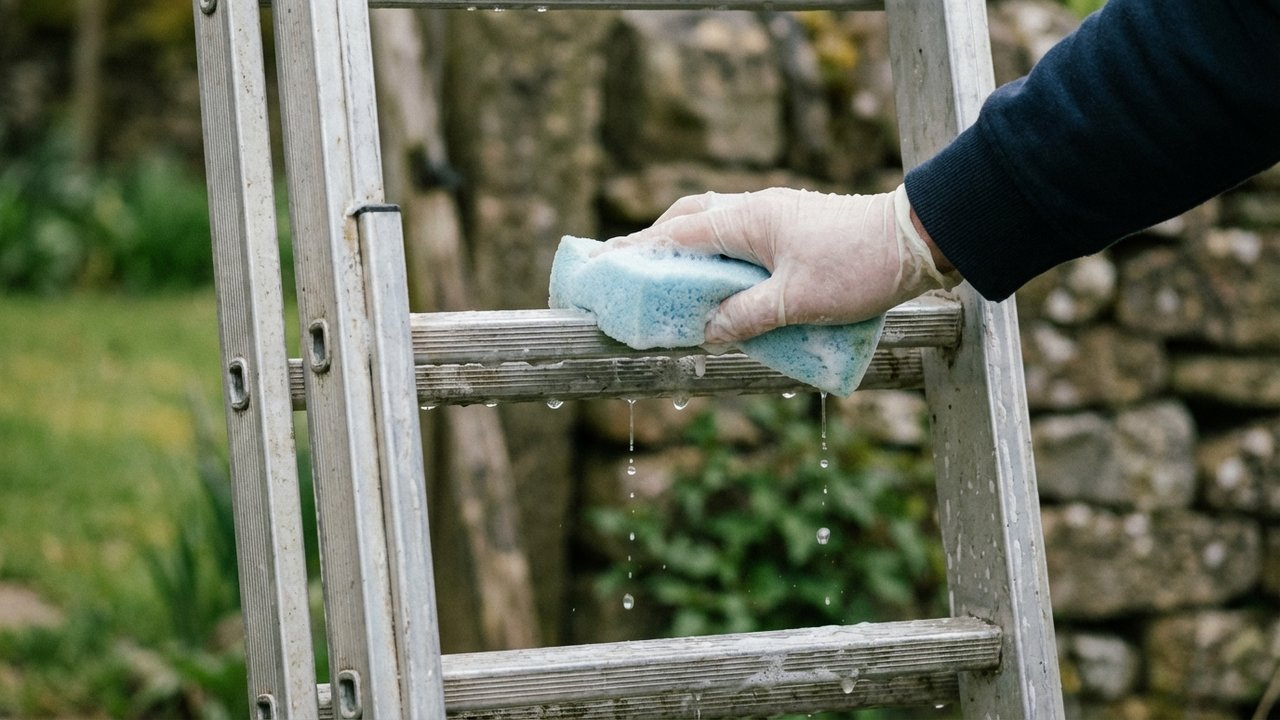 Nettoyage d'un portail en aluminium avec eau savonneuse