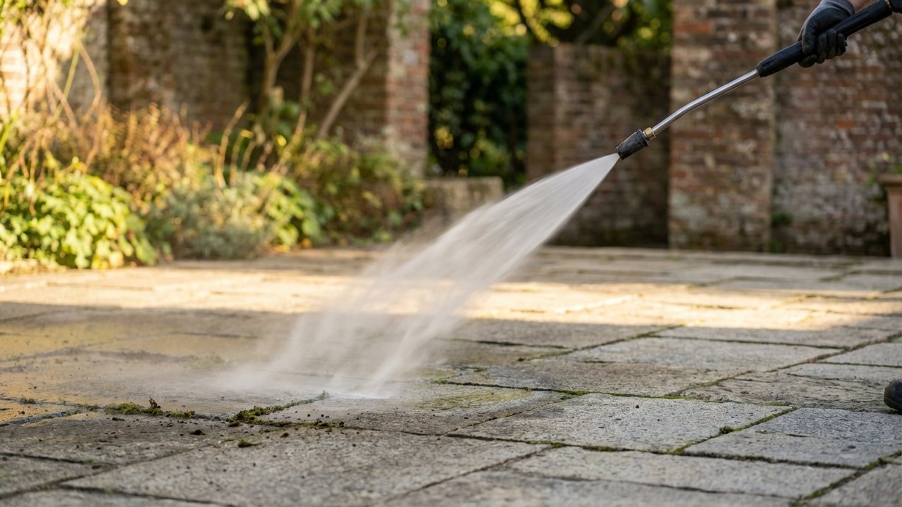 Nettoyage des joints de pavés autobloquants avec un détergent doux et une brosse