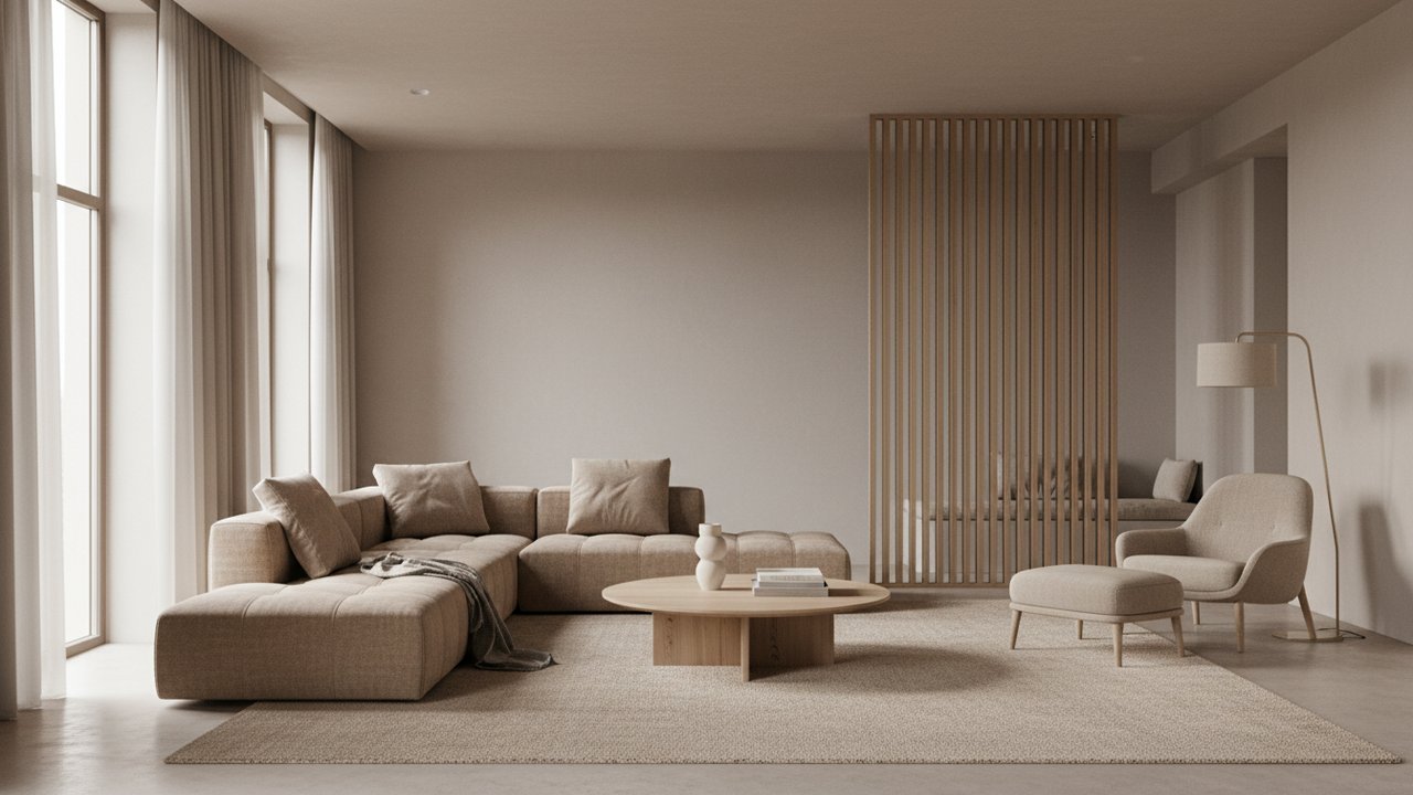 Combinaison gris chaud et beige dans une pièce