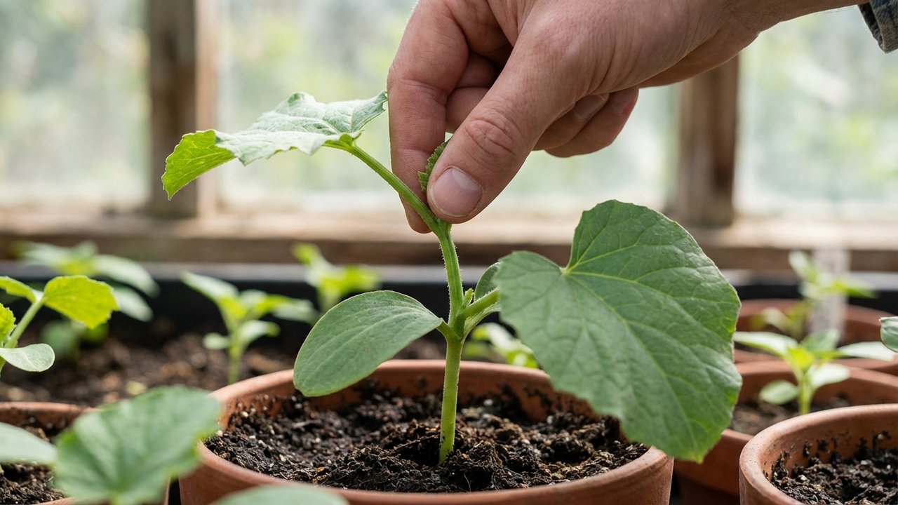 Pincement de la tige principale d'un jeune plant de melon charentais
