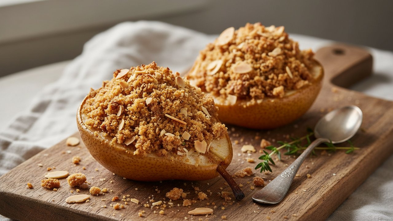 Poires farcies avec chapelure, pain d'épices et amandes