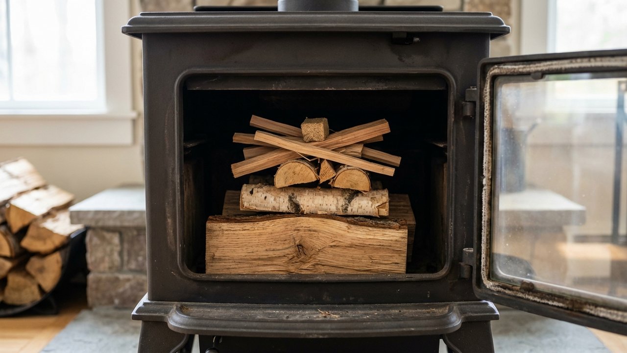 Disposition des bûches et petit bois dans un poêle à bois