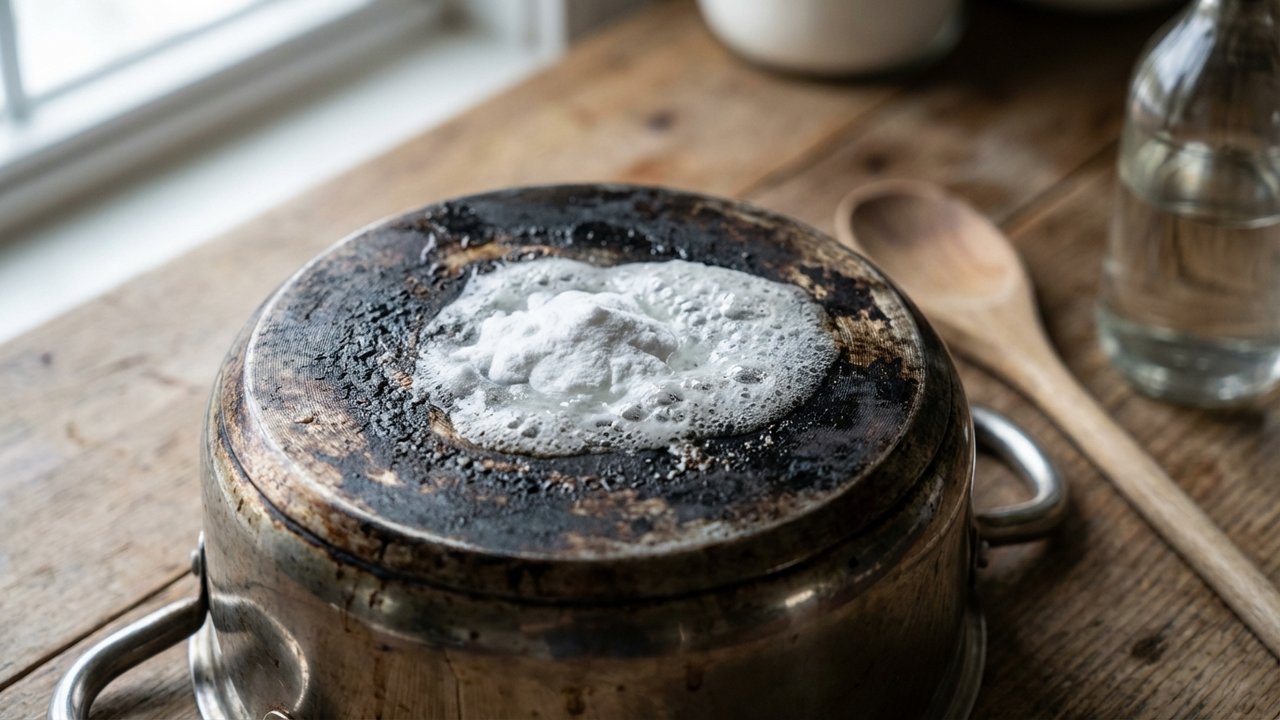 Réaction effervescente du bicarbonate et du vinaigre blanc sur un fond de casserole brûlé