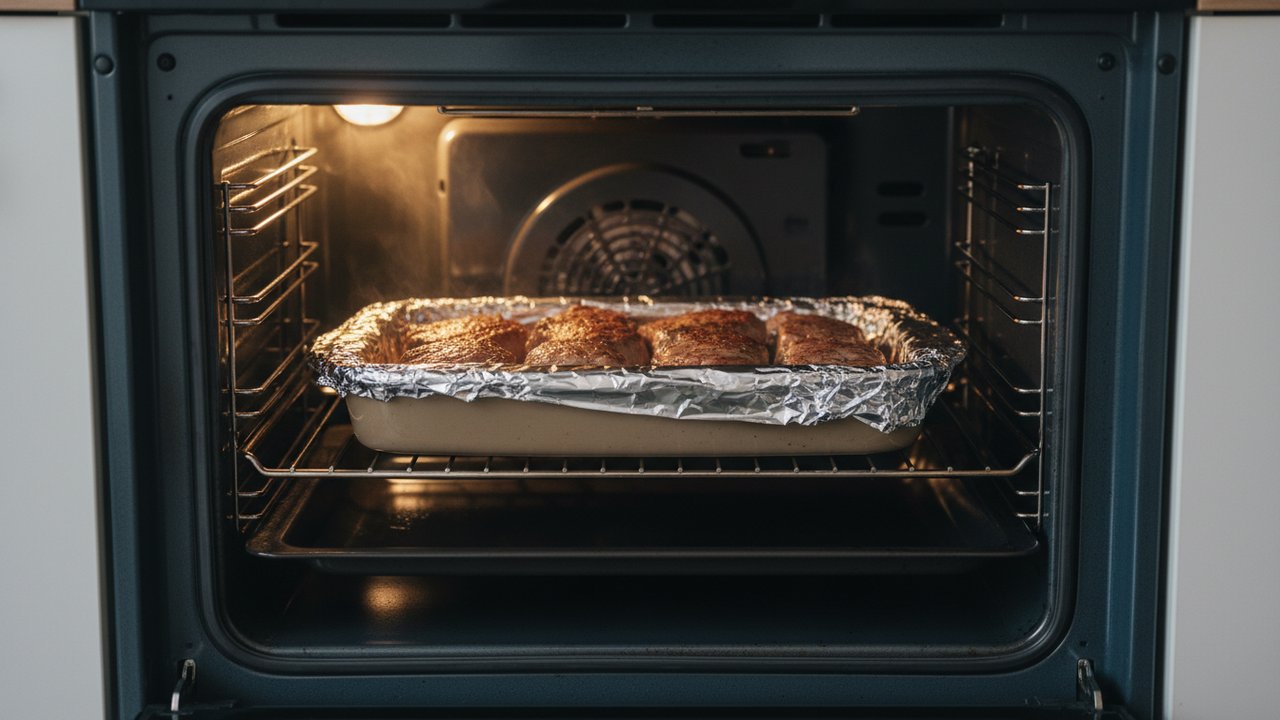 Réchauffage d'un grenadin de veau au four couvert de papier aluminium
