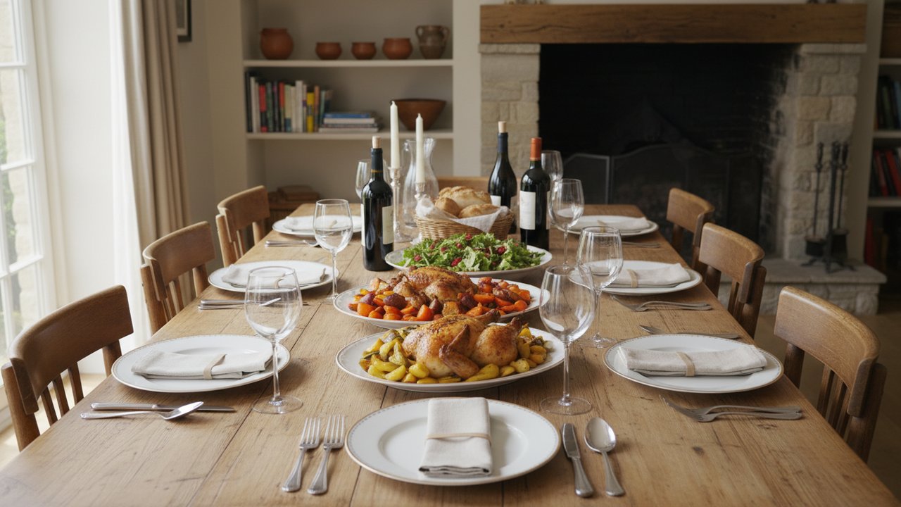 Table dressée pour 8 personnes avec plats préparés la veille