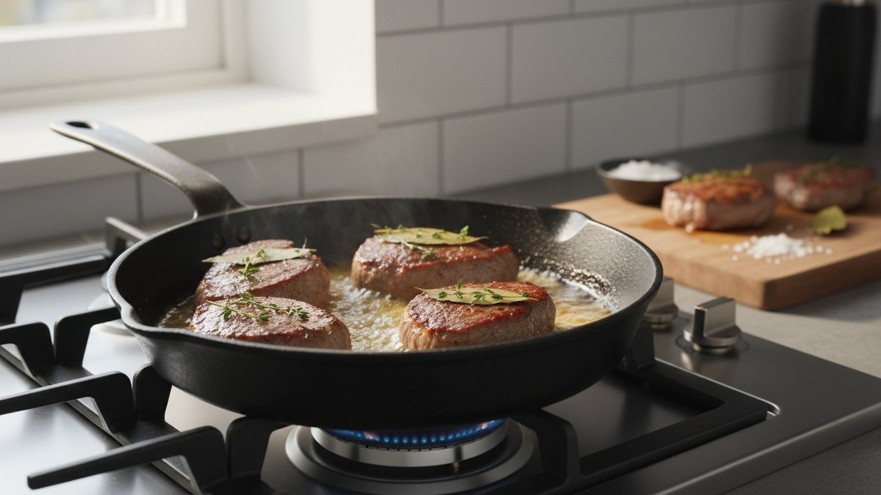Saisie d'un grenadin de veau en poêle avec herbes aromatiques