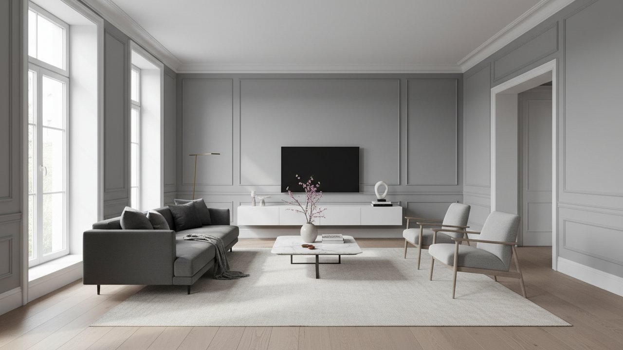 Salon gris et blanc avec décoration tendance