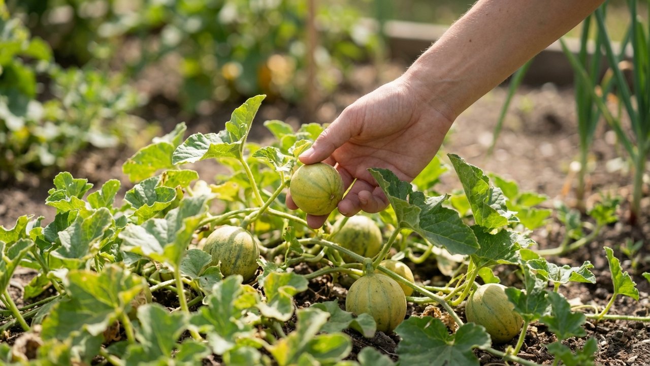 Sélection des fruits sur un plant de melon charentais en phase de fructification