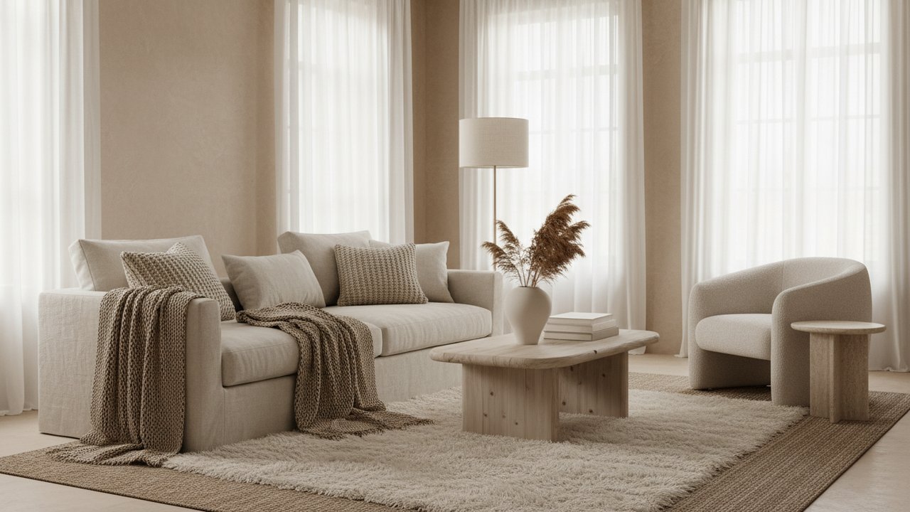 Décoration beige et blanc avec textures variées et matières naturelles