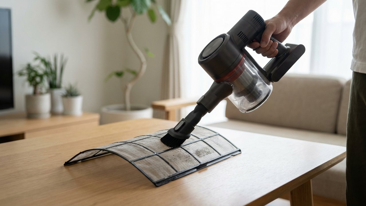 Passage de l'aspirateur sur un filtre de climatisation