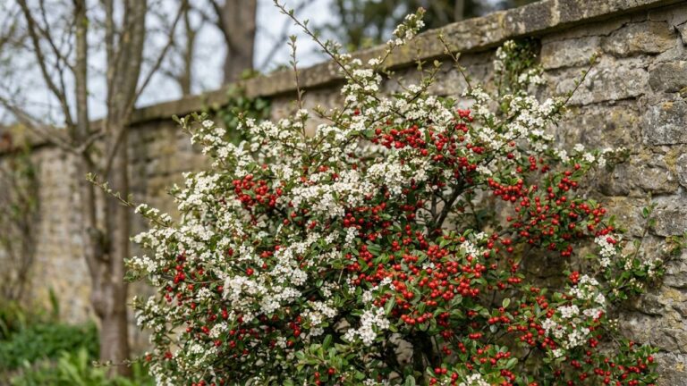 Cotoneaster avec fleurs blanches et baies rouges décoratives