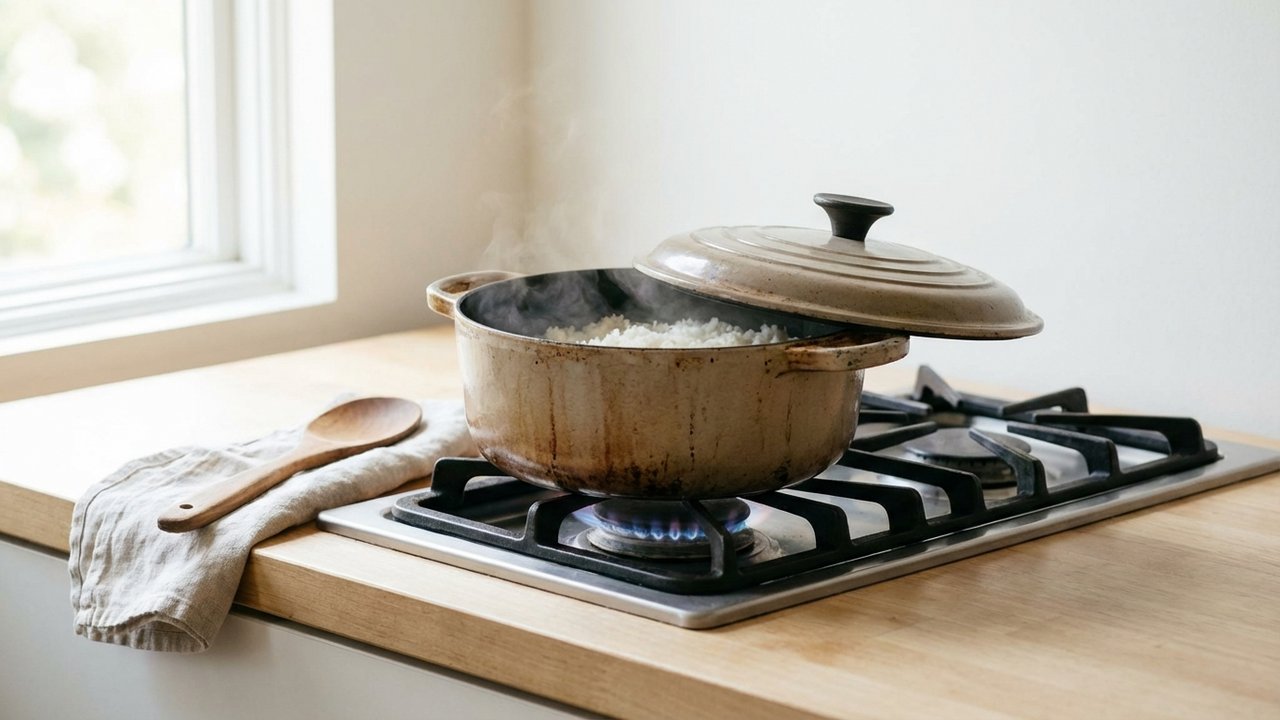 Cuisson du riz à la casserole à feu doux avec couvercle