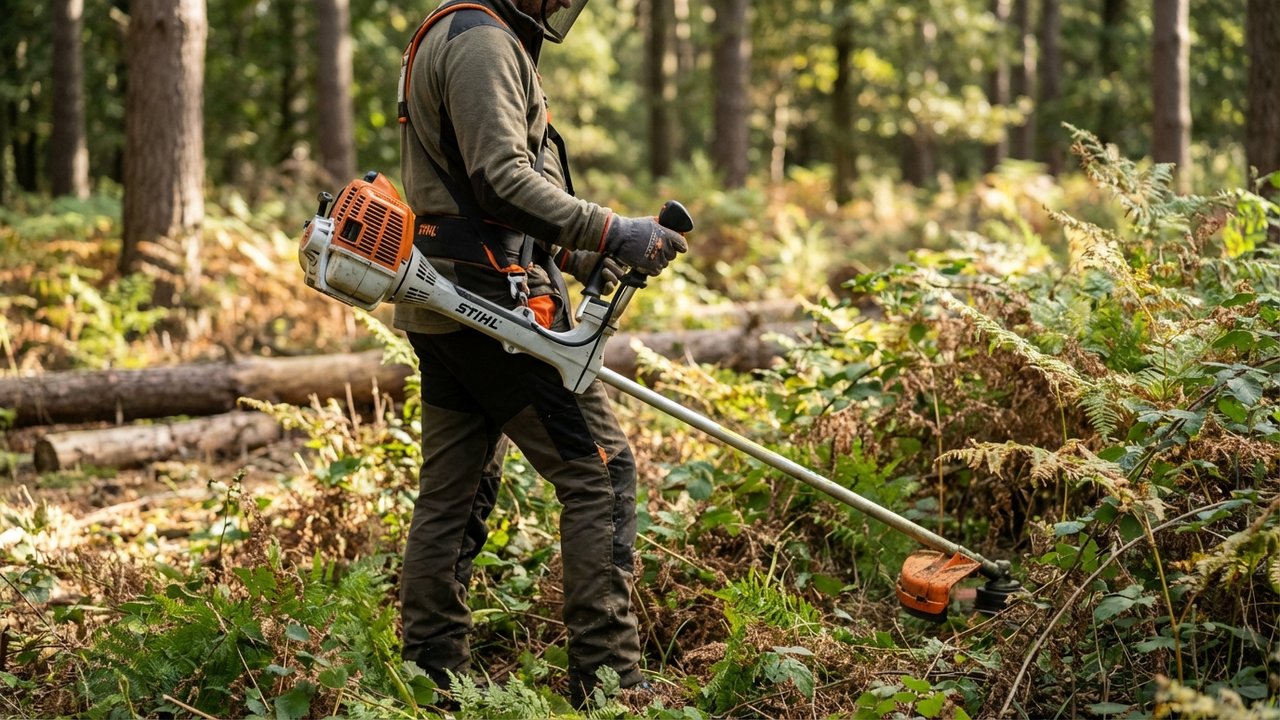 Débroussailleuse Stihl avec système ErgoStart sur végétation épaisse