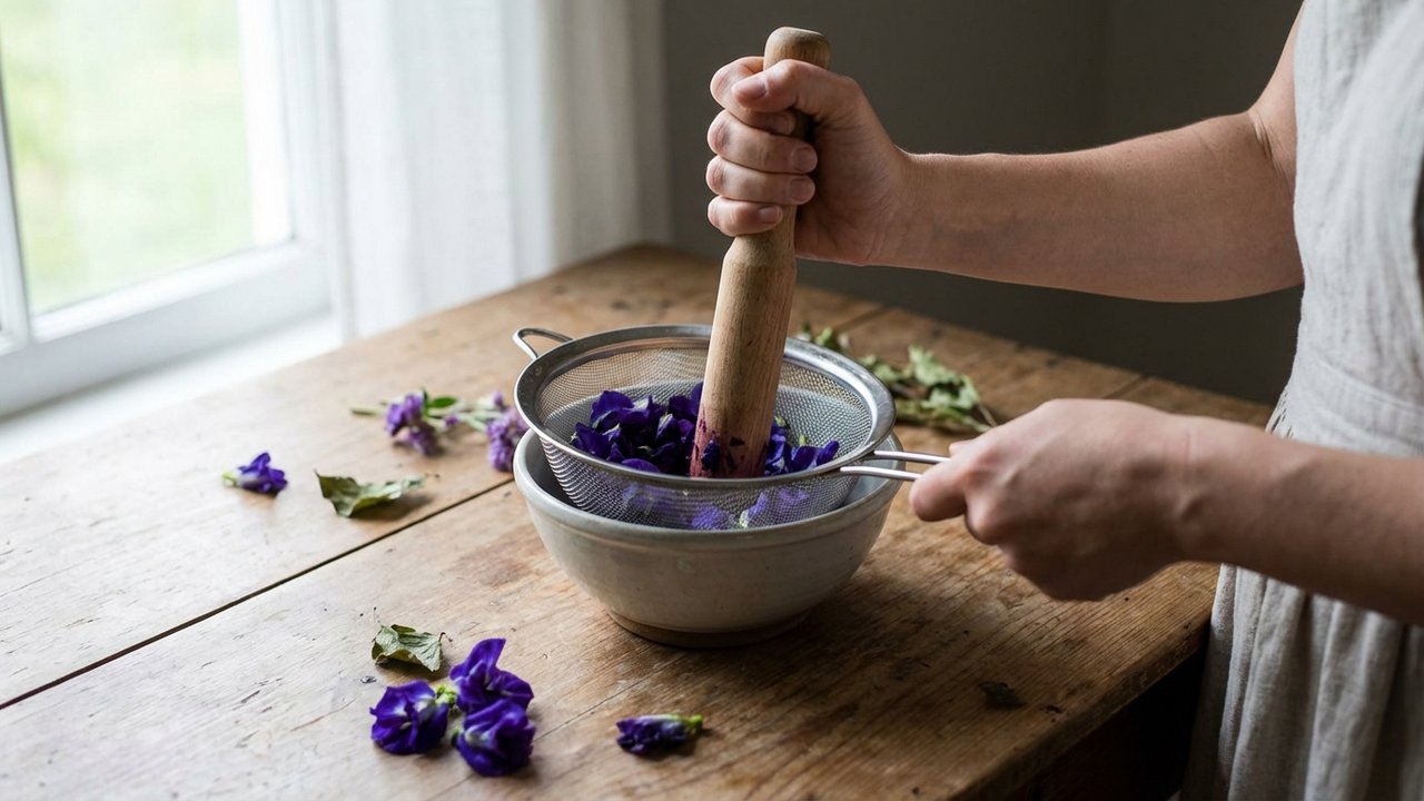 Filtrage des fleurs de violette à travers une passoire fine pour extraire le jus