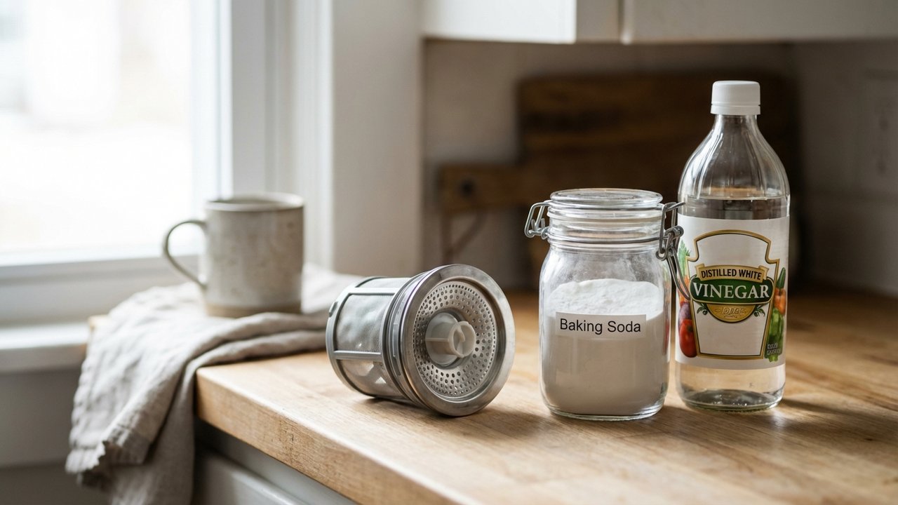Filtre de lave-vaisselle propre avec bicarbonate et vinaigre blanc