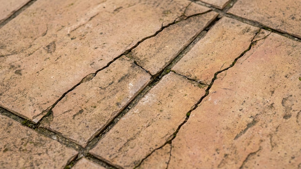 Fissures diagonales sur carrelage extérieur après cycles thermiques