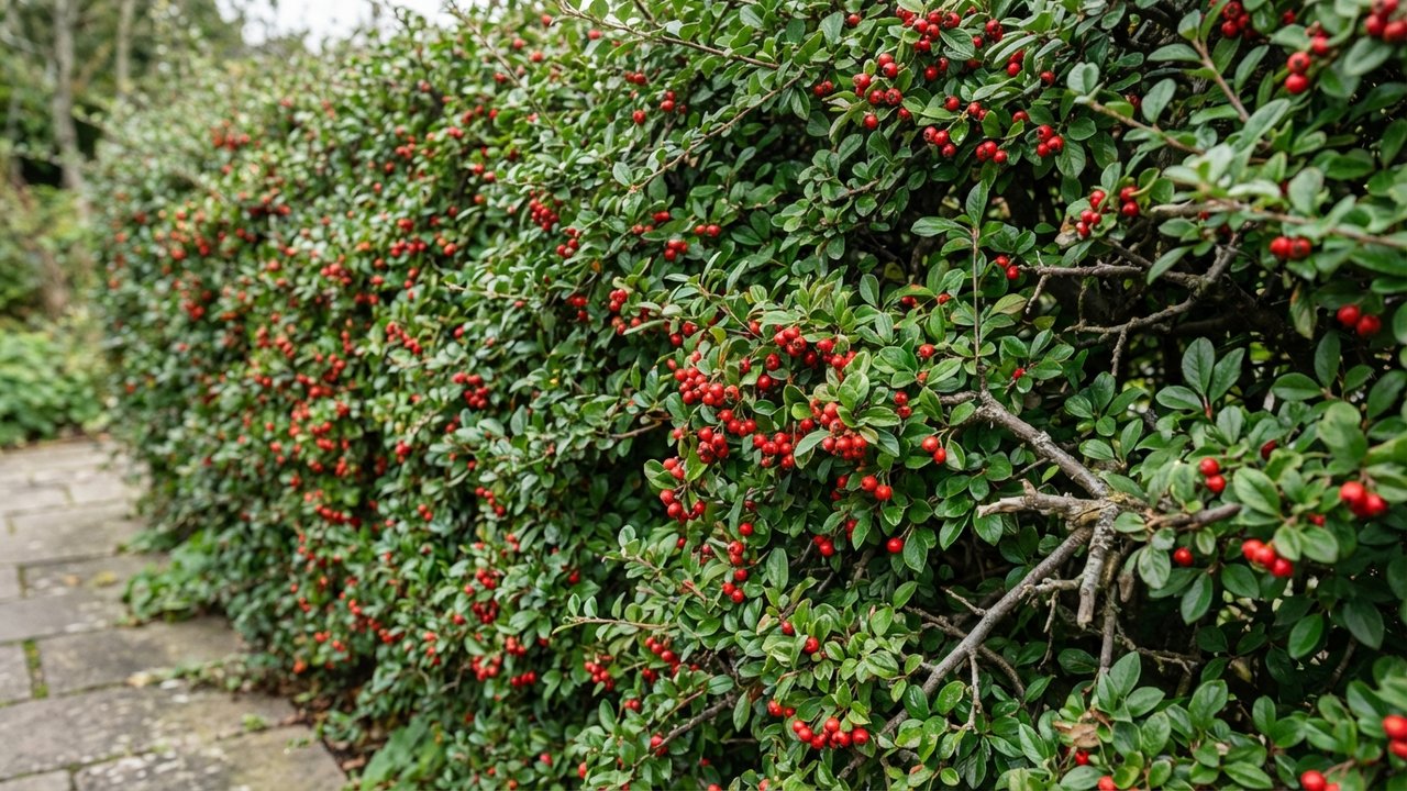 Haie de cotoneaster dense avec baies rouges en automne