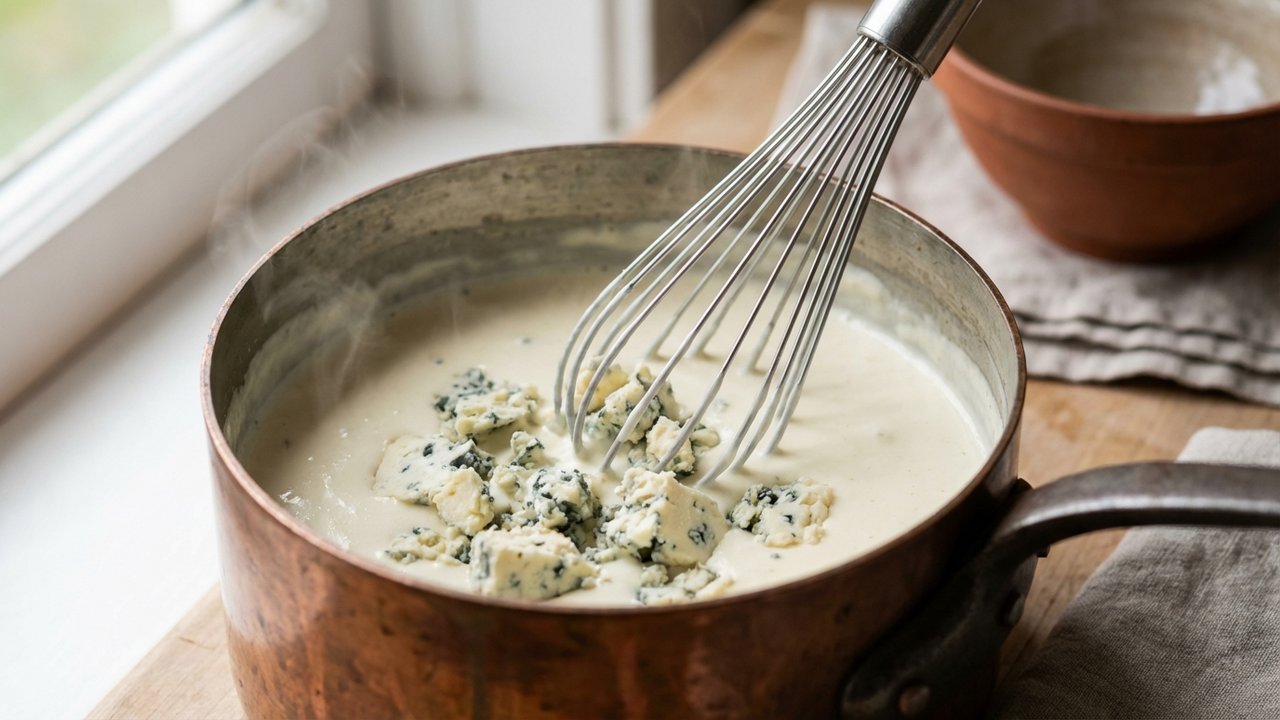 Incorporation du roquefort émietté dans la crème chaude