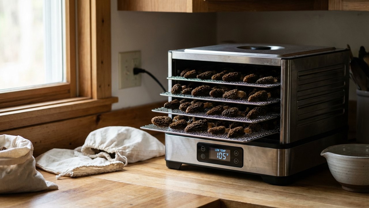 Morilles en cours de séchage dans un déshydrateur alimentaire