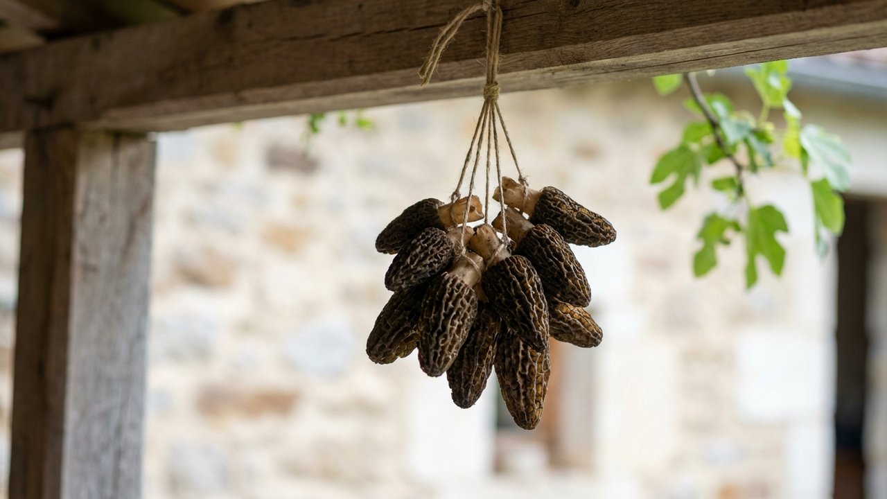 Morilles entières suspendues pour un séchage à l'air libre