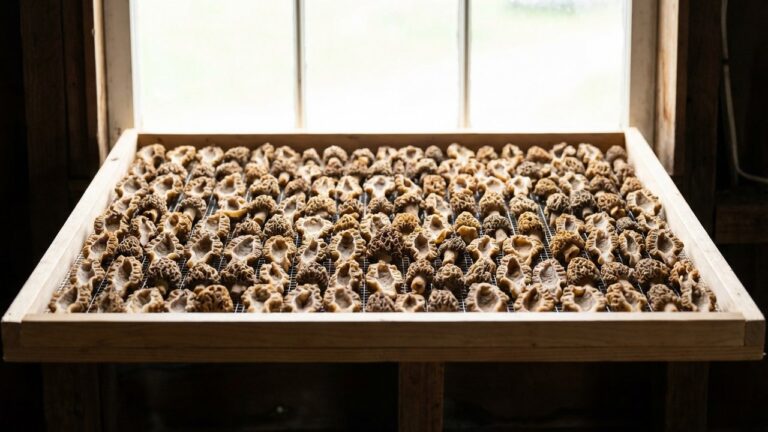 Morilles coupées en deux sur une grille de séchage