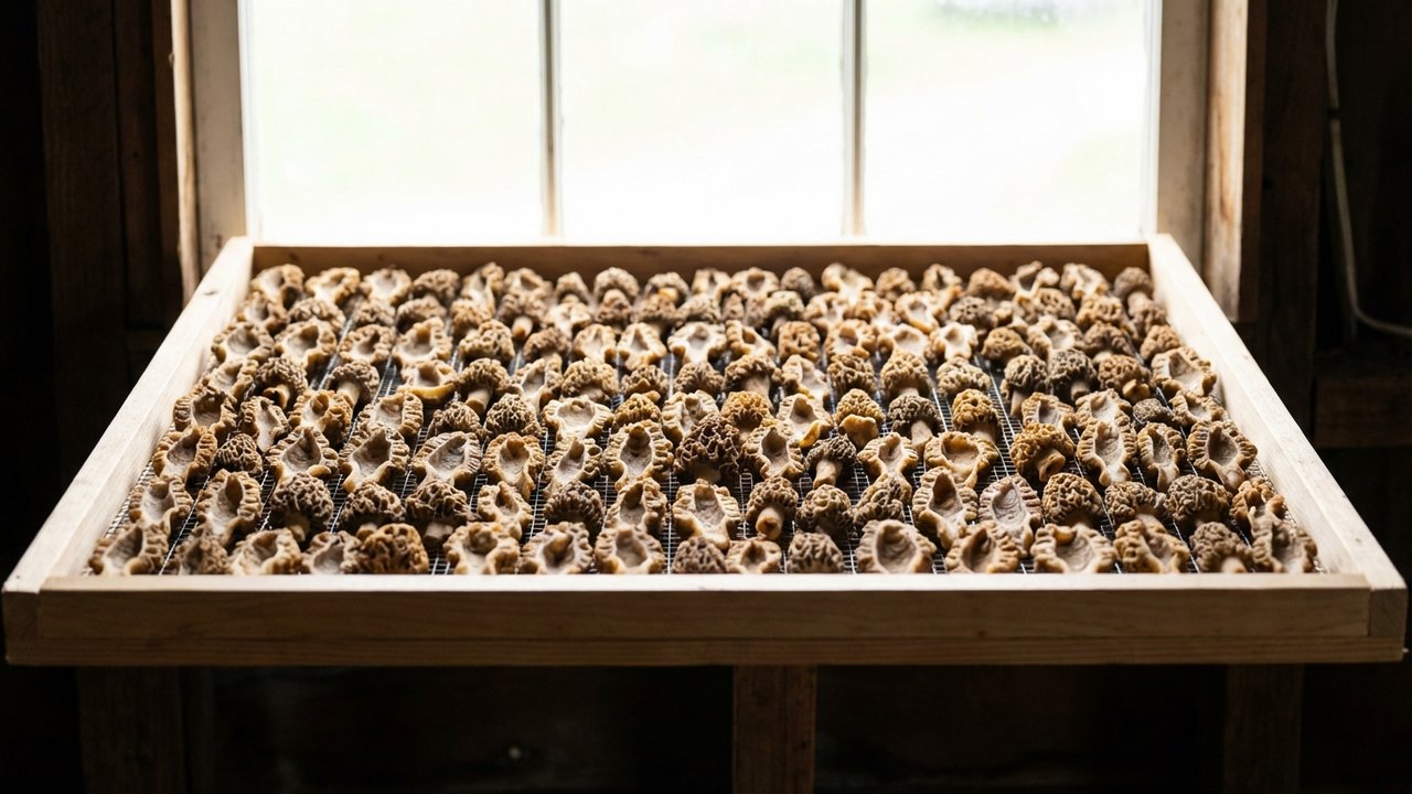 Morilles coupées en deux sur une grille de séchage