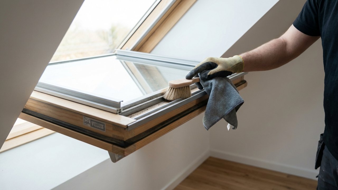 Nettoyage des rails d'un store Velux avec brosse souple et chiffon