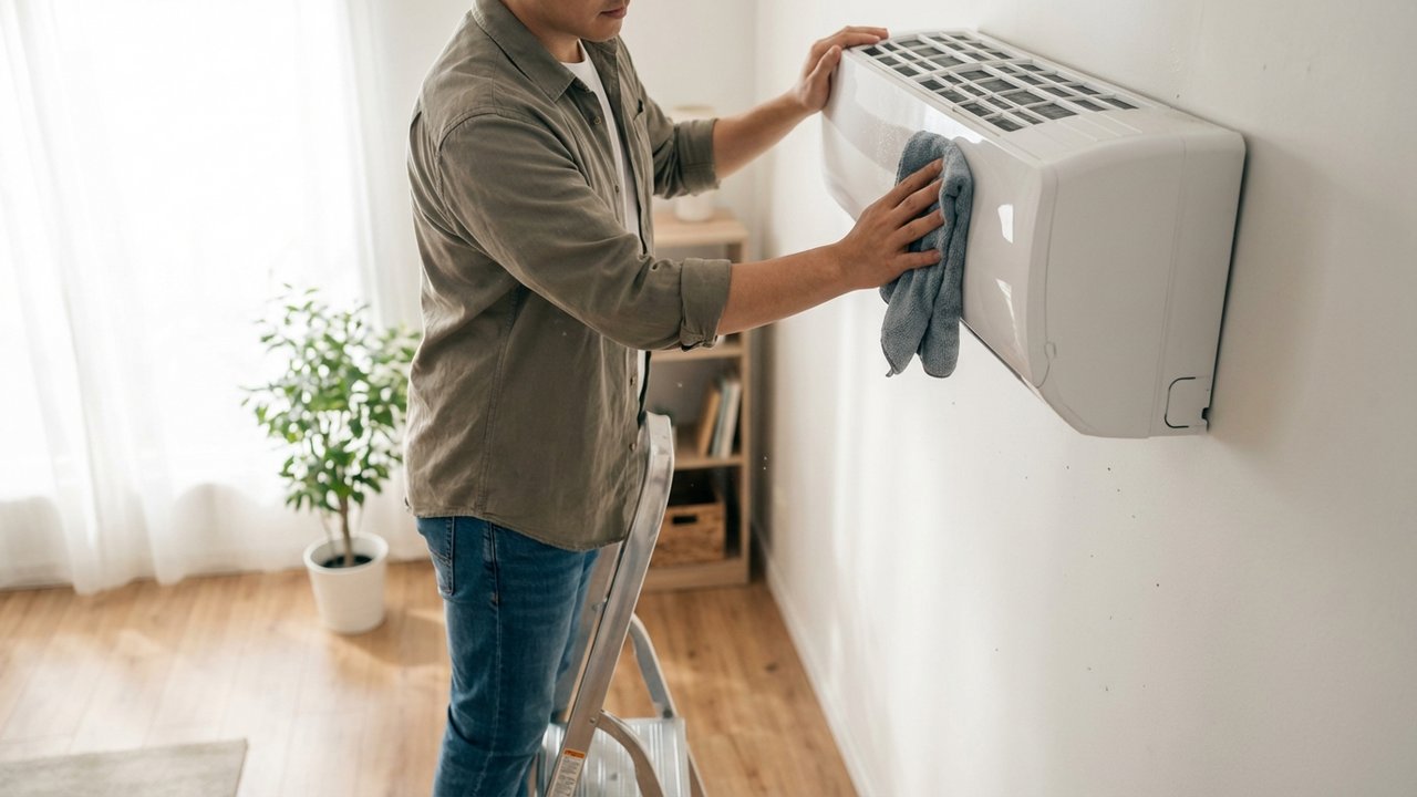 Nettoyage de l'unité intérieure d'une climatisation avec un chiffon humide