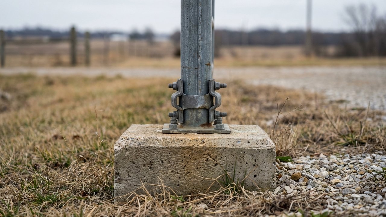 Poteau pour clôture rigide fixé sur fondation béton