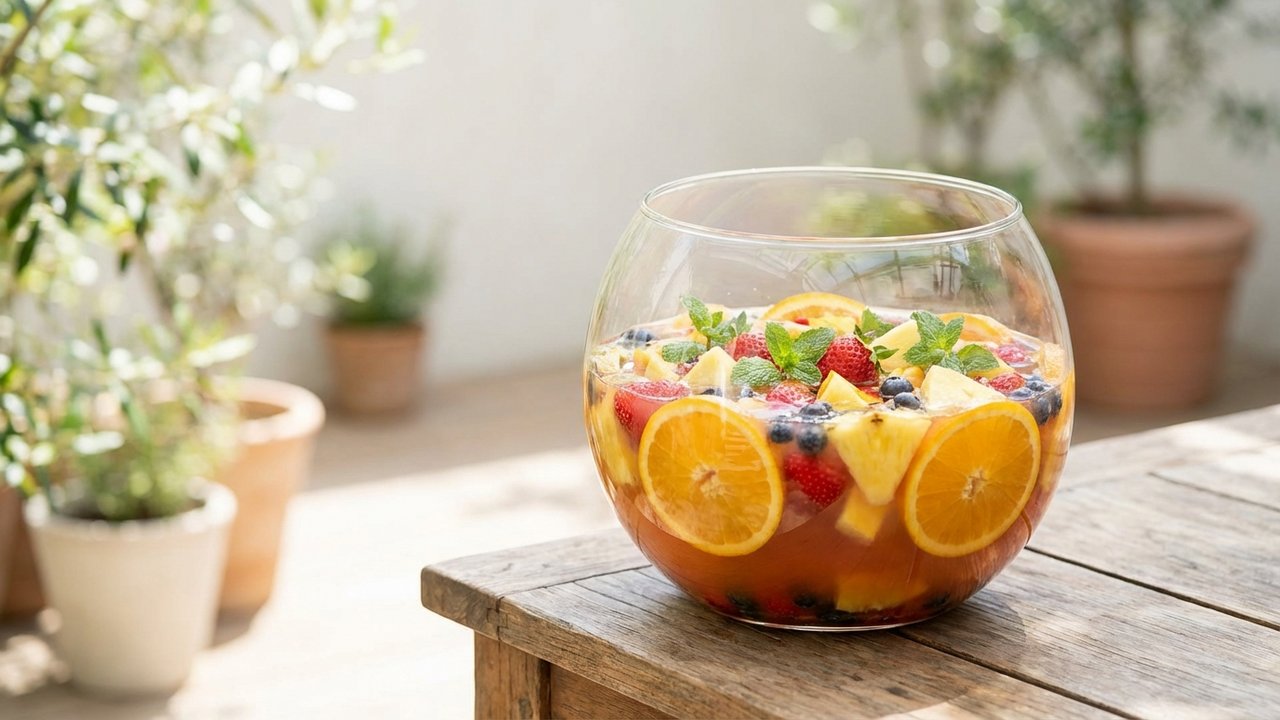 Punch classique à l'orange, ananas et mangue garni de fruits frais