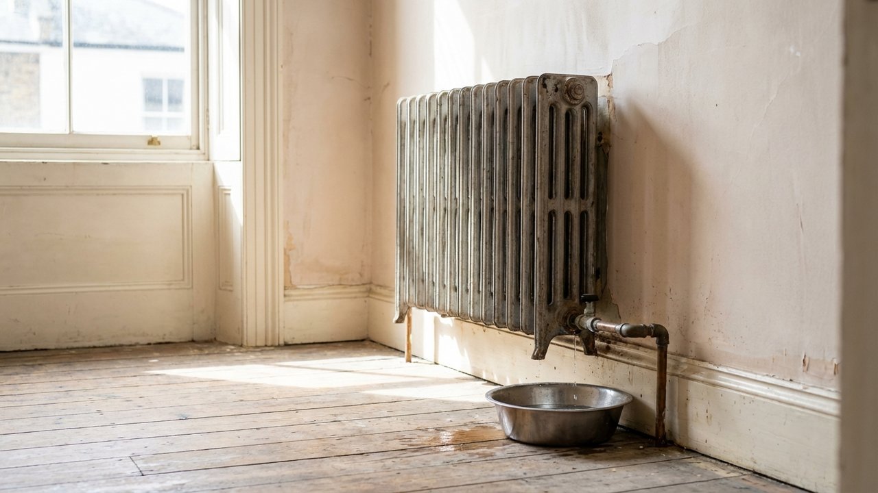 Radiateur en fonte décroché de ses supports muraux