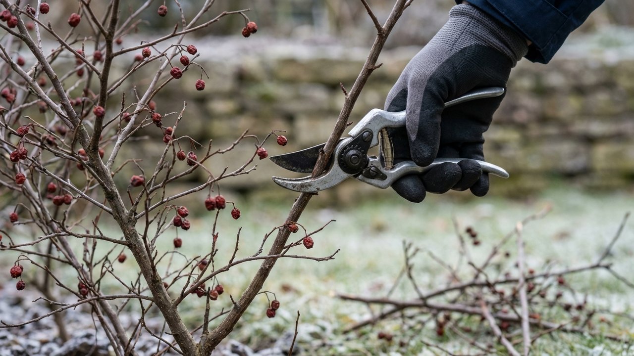 Taille d'un cotoneaster aux ciseaux en fin d'hiver