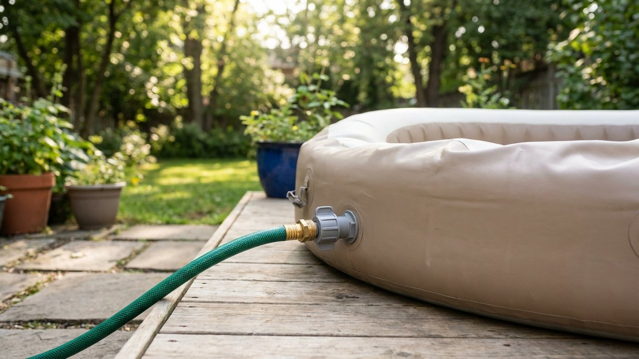 Vidange d'un spa Intex avec tuyau d'arrosage connecté à la vanne