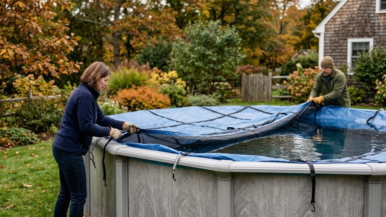 Pose d'une bâche d'hivernage sur une piscine hors sol