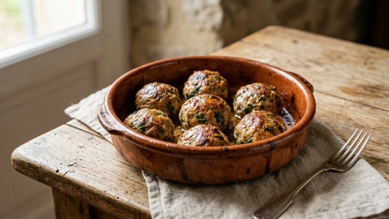 Caillettes dorées à la sortie du four dans un plat en terre cuite