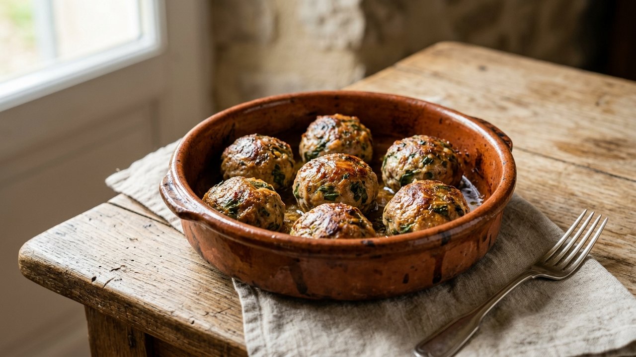 Caillettes dorées à la sortie du four dans un plat en terre cuite