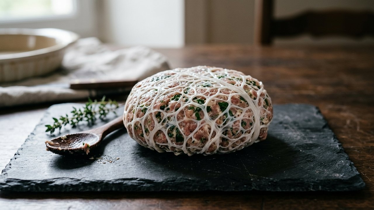 Farce de caillette enveloppée dans la crépine avant cuisson