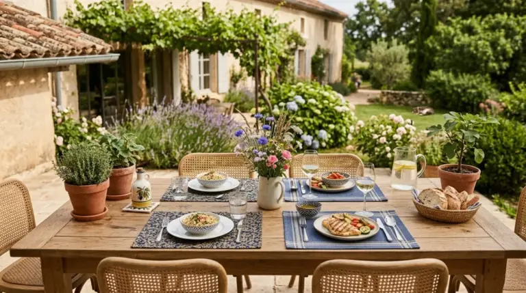 Sets de table utilisés sur une table d'extérieur