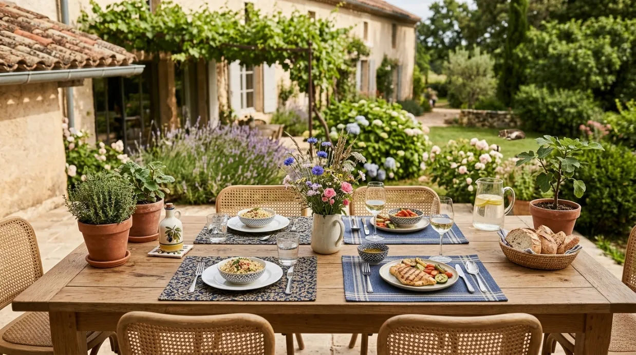Sets de table utilisés sur une table d'extérieur