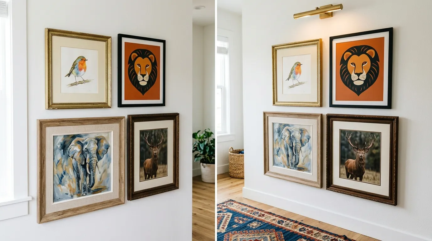 Mur blanc habillé avec des tableaux qui représentes des animaux