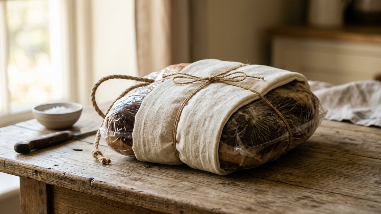 Emballage d'un jambon cru avec film alimentaire et linge sec