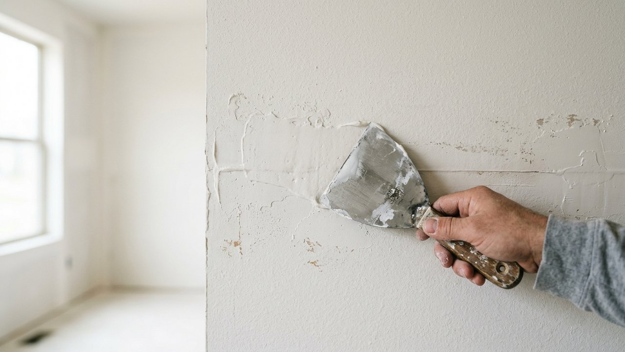 Application d'enduit de garnissage sur un mur en crépi