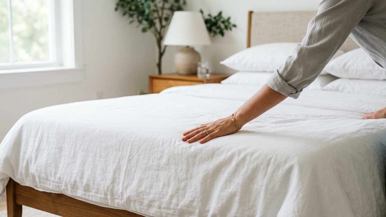 Lissage à la main de draps en satin de coton sans fer à repasser