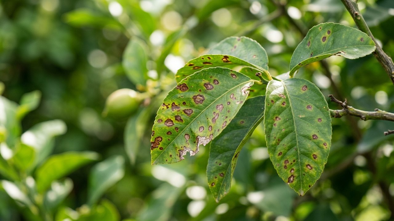 Feuilles de citronnier atteintes de maladies fongiques avec taches brunes